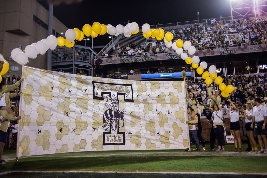 The gameday banner for Georgia Tech's 2017 homecoming game versus Wake Forest posted in front of the home team tunnel, created by Ramblin' Reck Club (October 27, 2017)