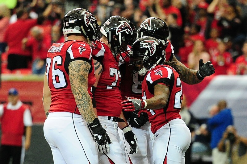 Falcons offensive line celebrates a TD